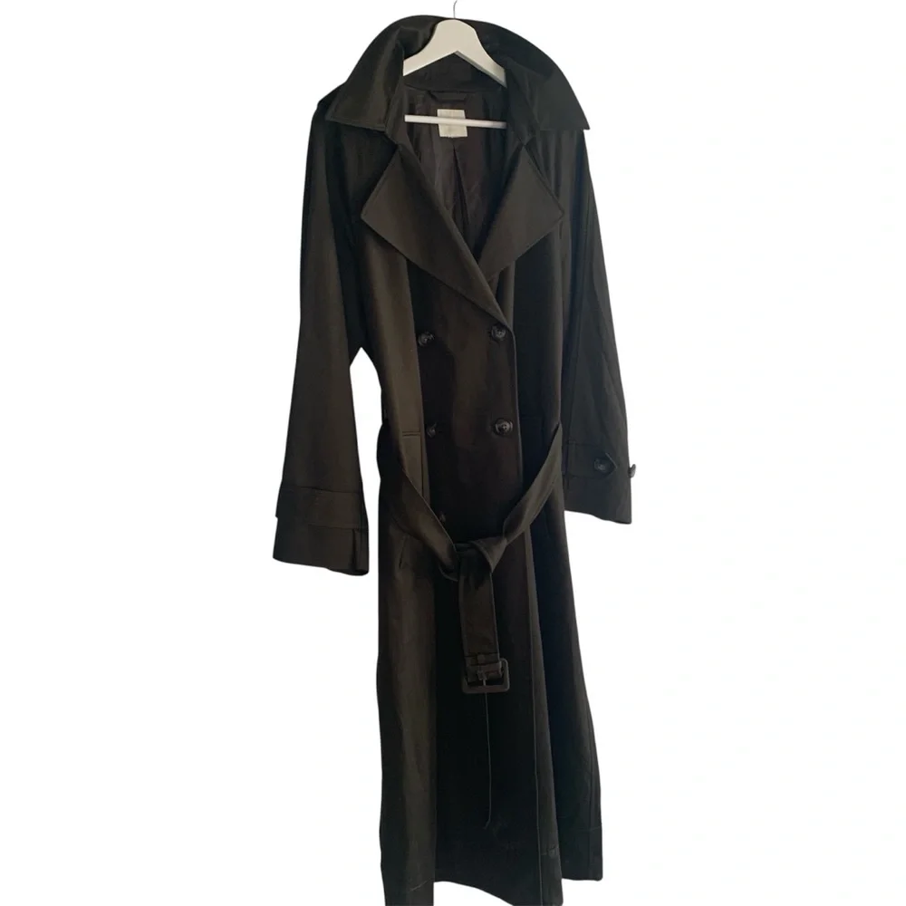 RW&Co Trench Coat Transitional Season Classic Overcoat wHood Twill Khaki Green L - Picture 3 of 8
